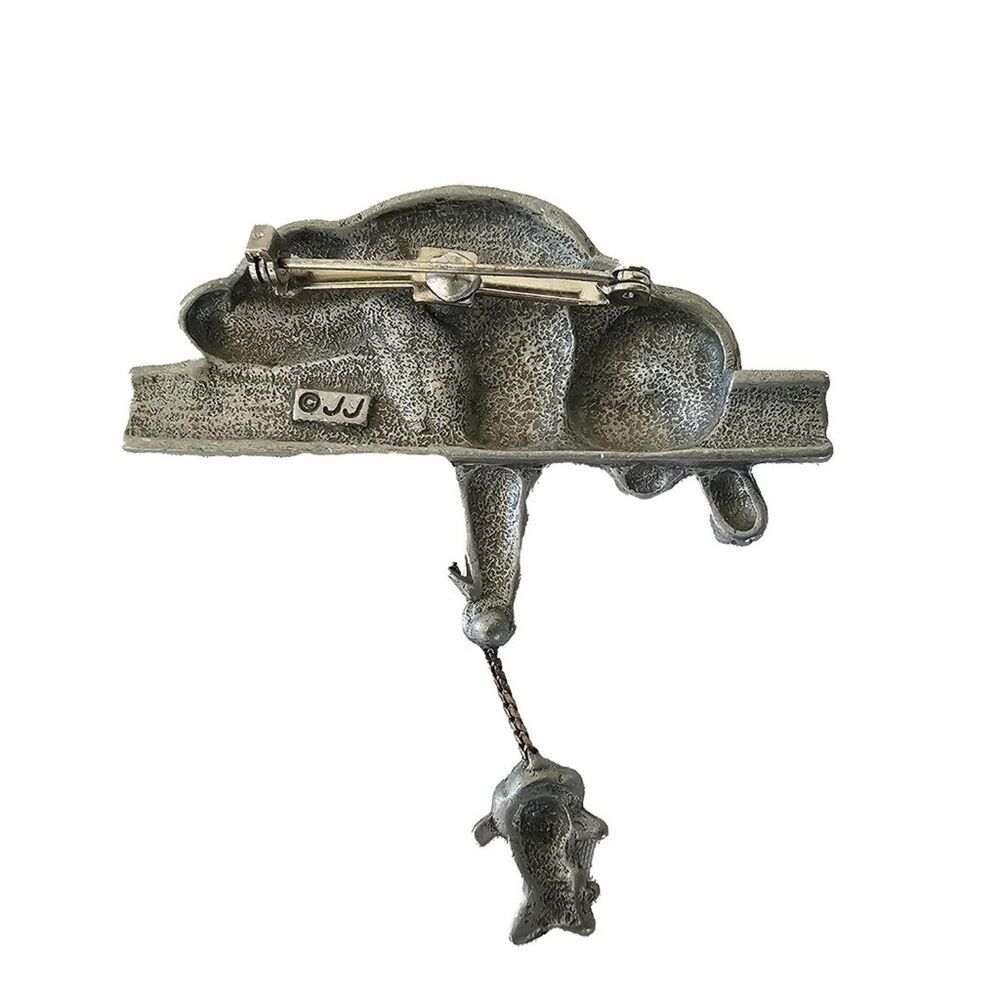 Whimsical Cat Brooch with Mouse Charm JJ Jonette Jewerly Company Pewter Brooch - Picture 2 of 3